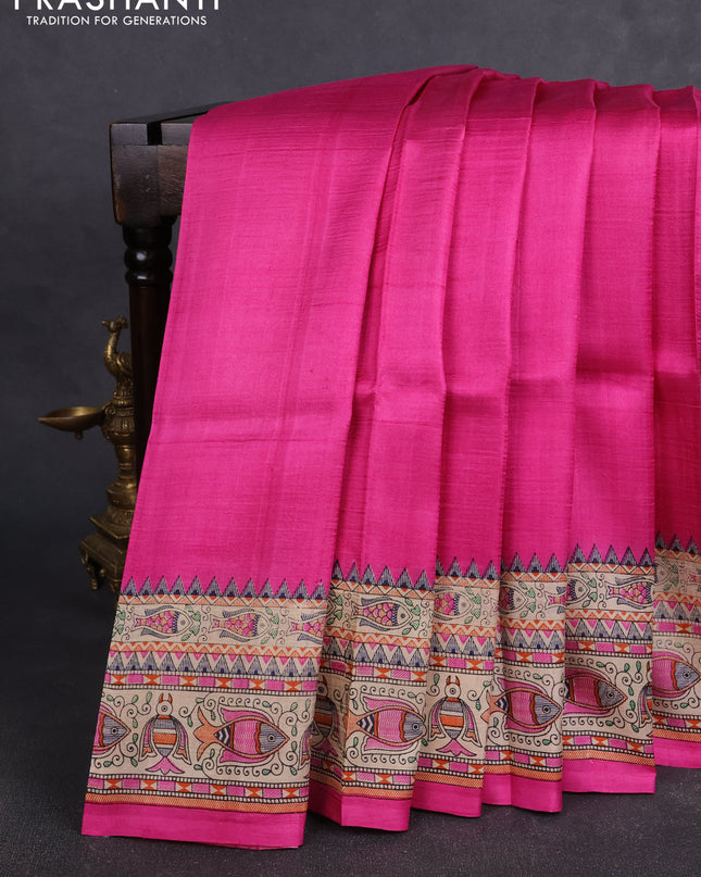 Madhubai printed silk saree pink and beige with plain body and madhubani printed border