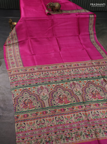 Madhubai printed silk saree pink and beige with plain body and madhubani printed border