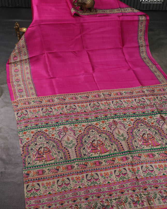 Madhubai printed silk saree pink and beige with plain body and madhubani printed border