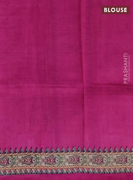 Madhubai printed silk saree pink and beige with plain body and madhubani printed border