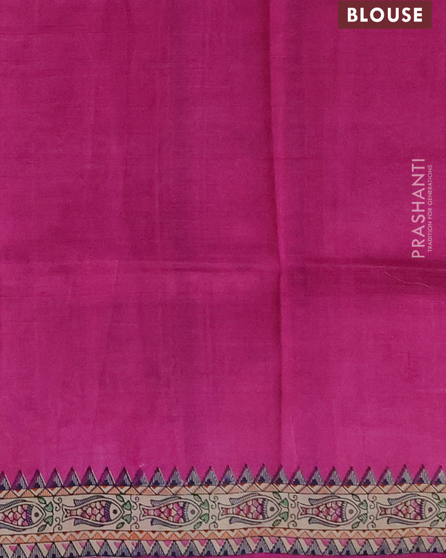 Madhubai printed silk saree pink and beige with plain body and madhubani printed border