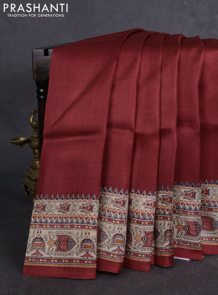 Madhubai printed silk saree red and beige with plain body and madhubani printed border
