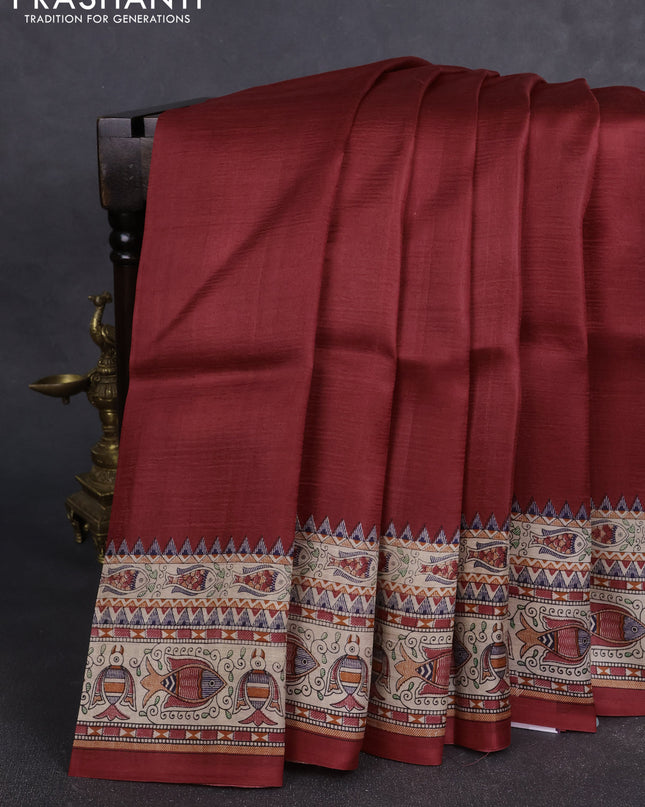 Madhubai printed silk saree red and beige with plain body and madhubani printed border
