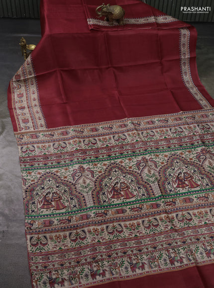 Madhubai printed silk saree red and beige with plain body and madhubani printed border