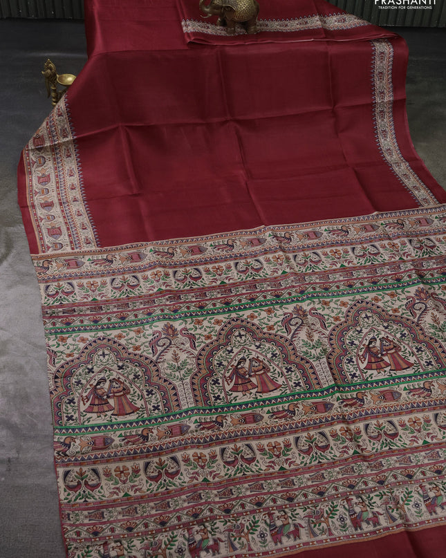 Madhubai printed silk saree red and beige with plain body and madhubani printed border