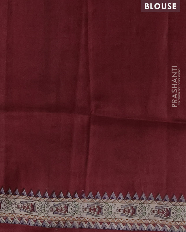 Madhubai printed silk saree red and beige with plain body and madhubani printed border