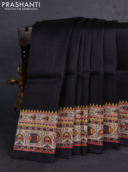 Madhubai printed silk saree black and beige with plain body and madhubani printed border