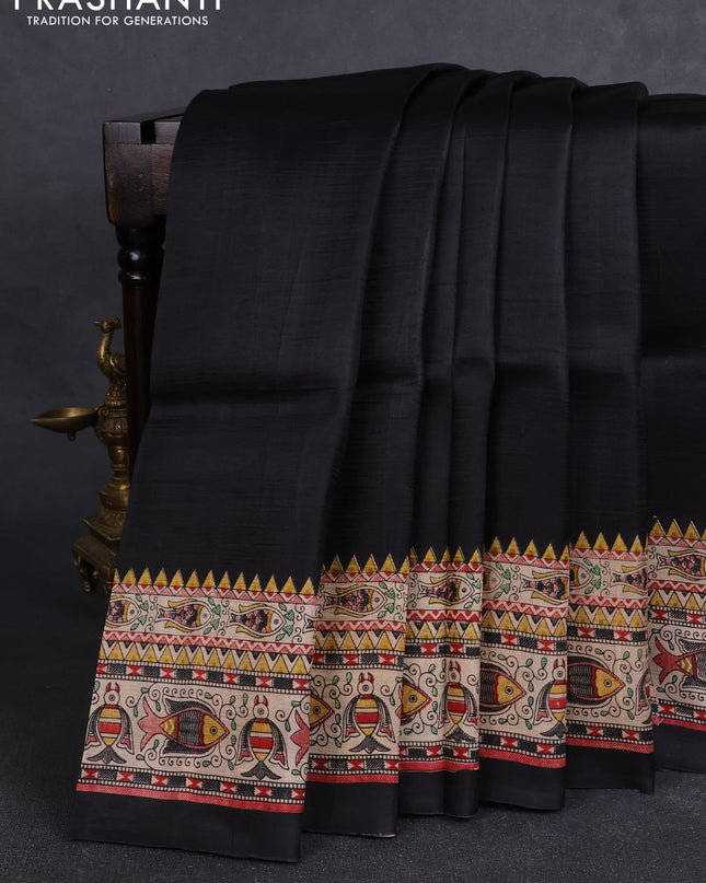 Madhubai printed silk saree black and beige with plain body and madhubani printed border