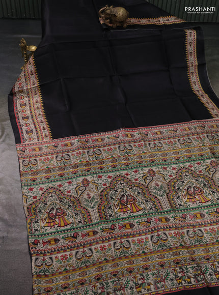 Madhubai printed silk saree black and beige with plain body and madhubani printed border