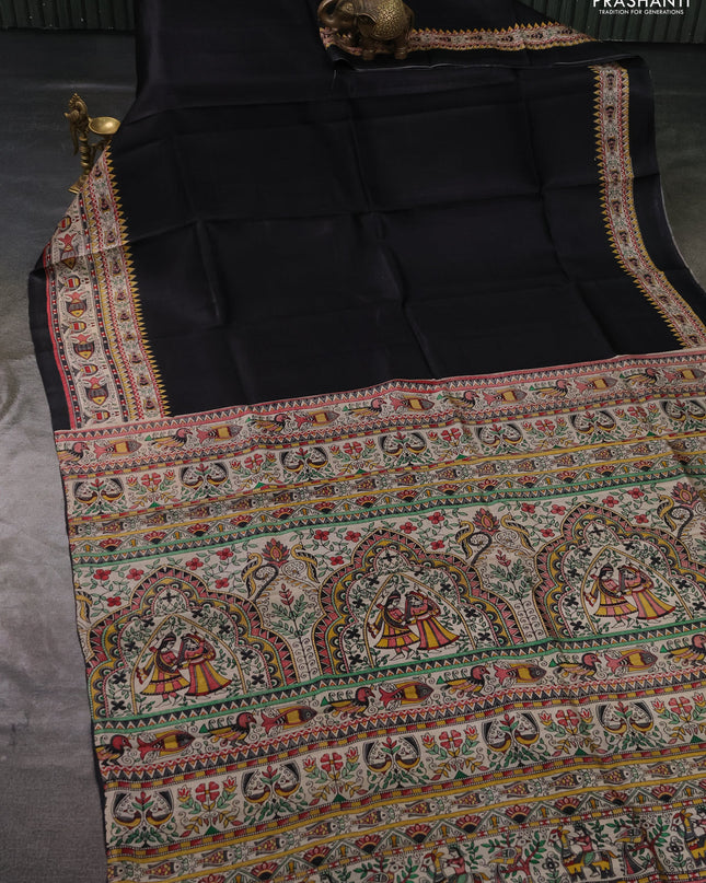 Madhubai printed silk saree black and beige with plain body and madhubani printed border