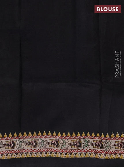 Madhubai printed silk saree black and beige with plain body and madhubani printed border