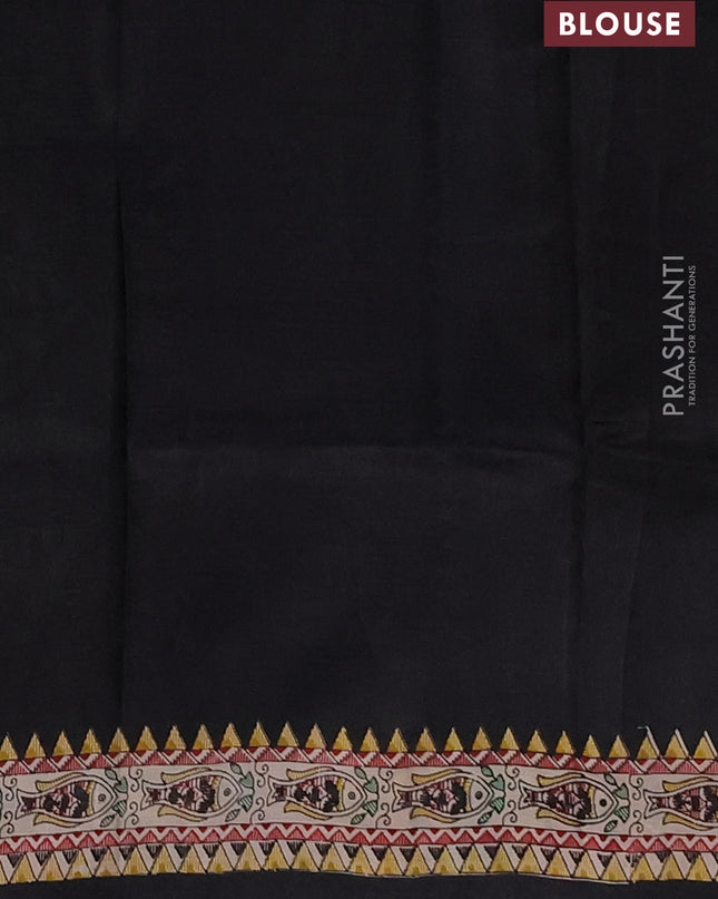 Madhubai printed silk saree black and beige with plain body and madhubani printed border