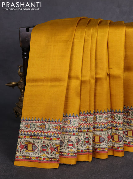 Madhubai printed silk saree mustard yellow and cream with plain body and madhubani printed border