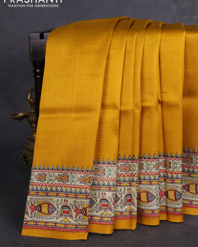 Madhubai printed silk saree mustard yellow and cream with plain body and madhubani printed border