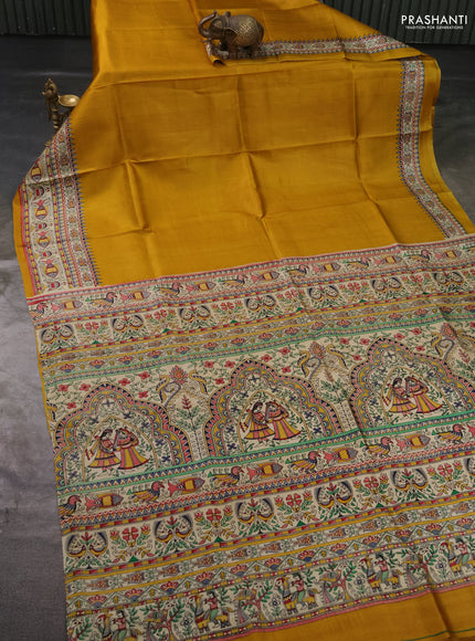 Madhubai printed silk saree mustard yellow and cream with plain body and madhubani printed border