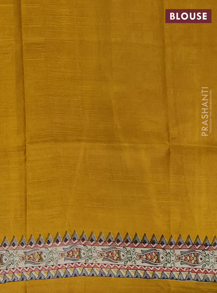 Madhubai printed silk saree mustard yellow and cream with plain body and madhubani printed border