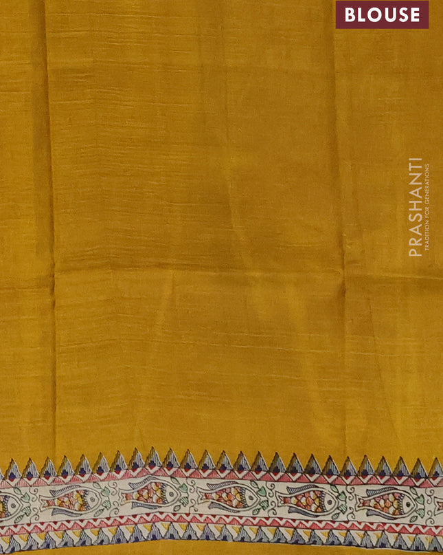 Madhubai printed silk saree mustard yellow and cream with plain body and madhubani printed border