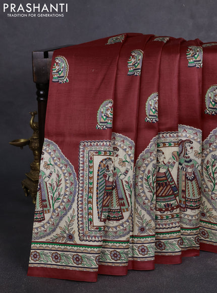 Madhubai printed silk saree red and ccream with butta prints and long madhubani printed border