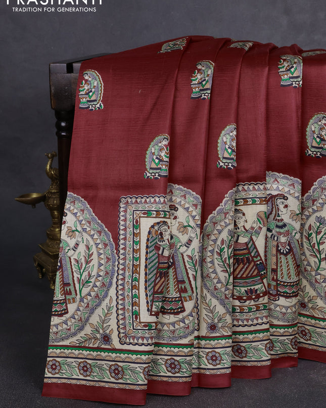 Madhubai printed silk saree red and ccream with butta prints and long madhubani printed border