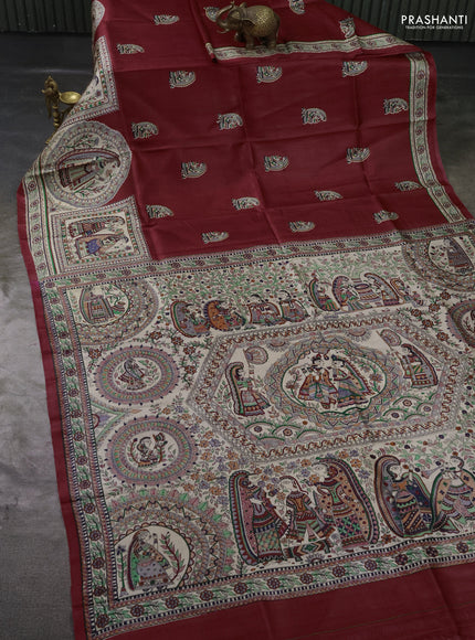 Madhubai printed silk saree red and ccream with butta prints and long madhubani printed border
