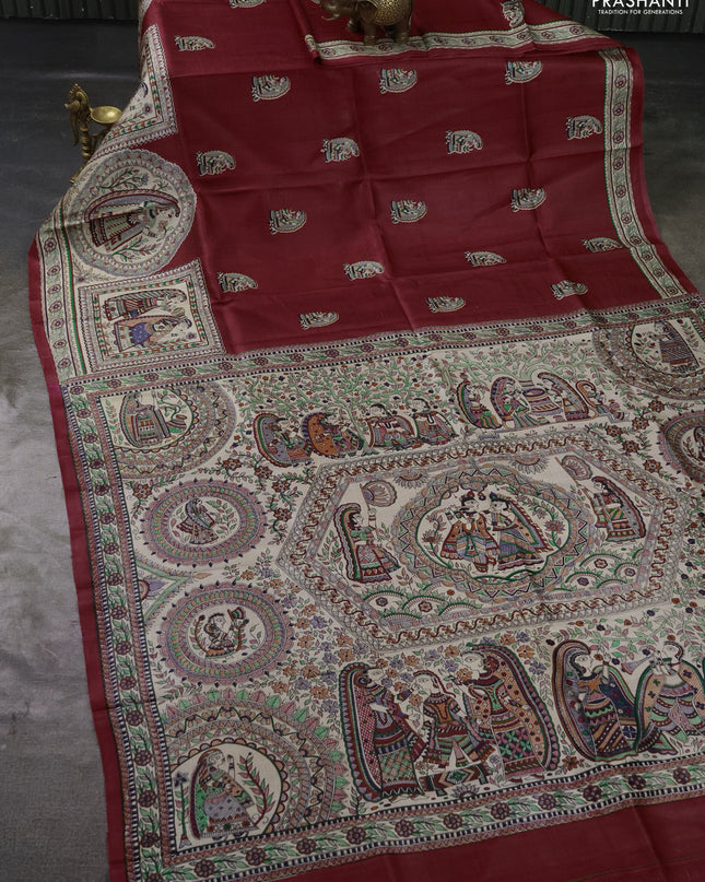 Madhubai printed silk saree red and ccream with butta prints and long madhubani printed border