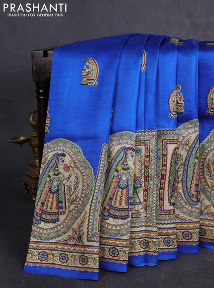 Madhubai printed silk saree royal blue and cream with butta prints and long madhubani printed border