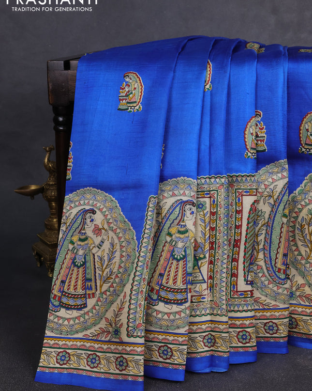Madhubai printed silk saree royal blue and cream with butta prints and long madhubani printed border