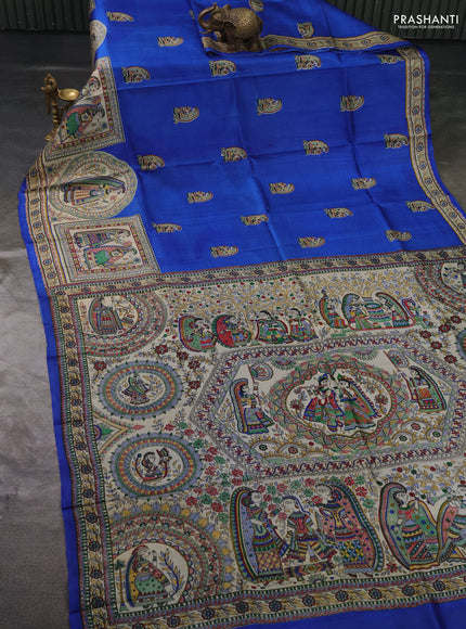 Madhubai printed silk saree royal blue and cream with butta prints and long madhubani printed border