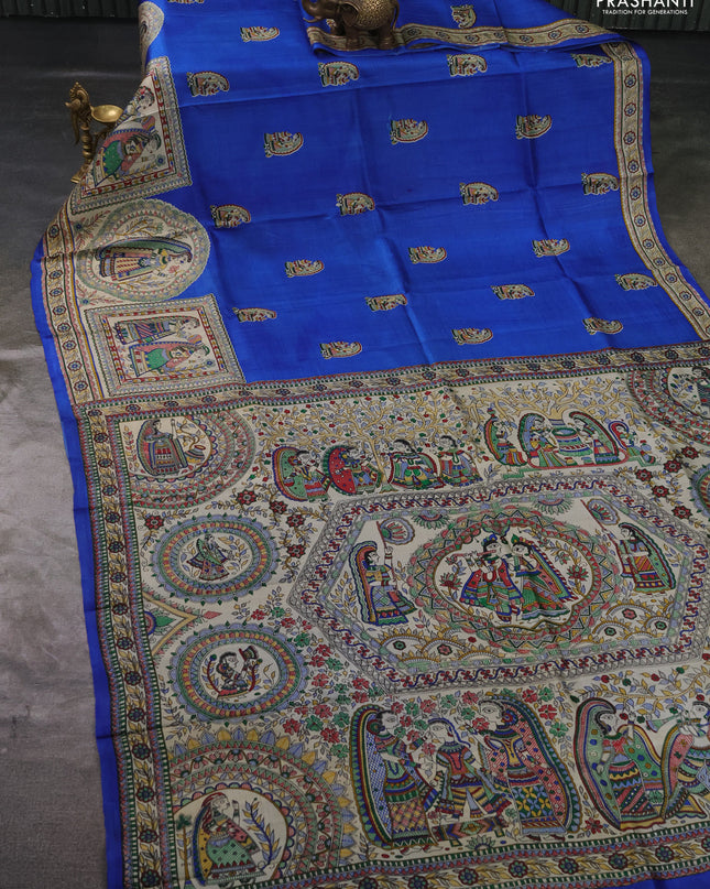 Madhubai printed silk saree royal blue and cream with butta prints and long madhubani printed border