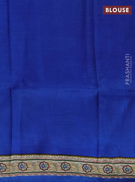 Madhubai printed silk saree royal blue and cream with butta prints and long madhubani printed border