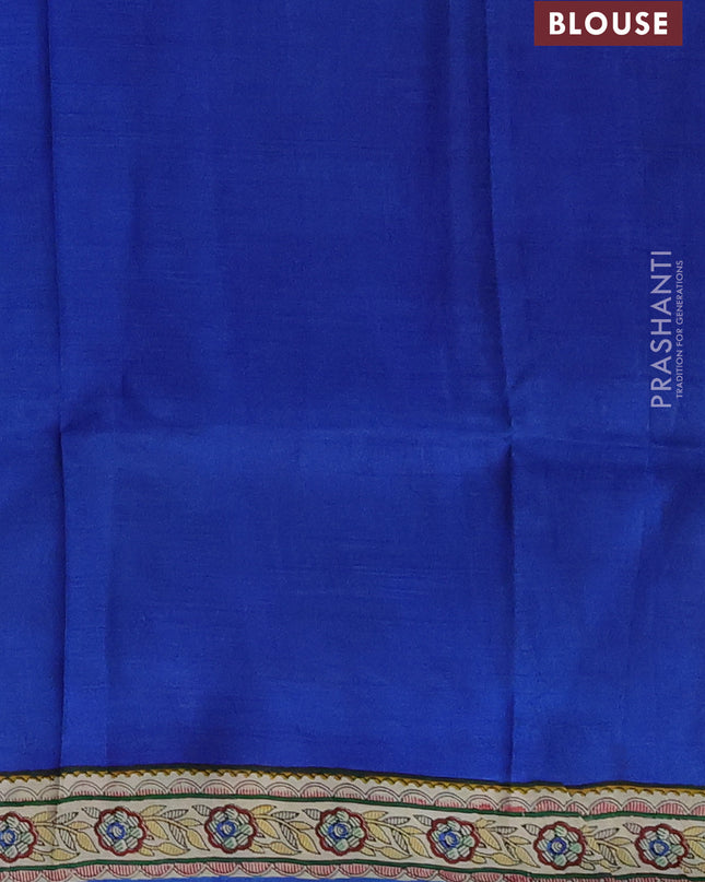 Madhubai printed silk saree royal blue and cream with butta prints and long madhubani printed border