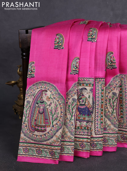 Madhubai printed silk saree pink and cream with butta prints and long madhubani printed border
