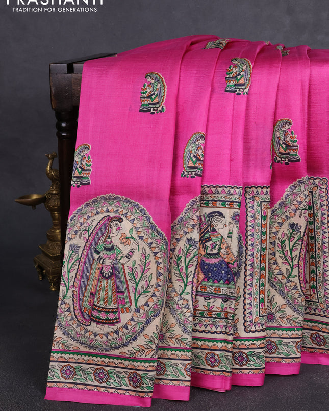 Madhubai printed silk saree pink and cream with butta prints and long madhubani printed border