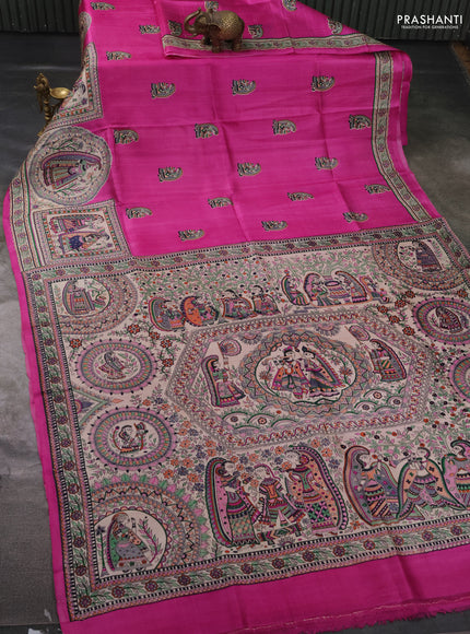 Madhubai printed silk saree pink and cream with butta prints and long madhubani printed border