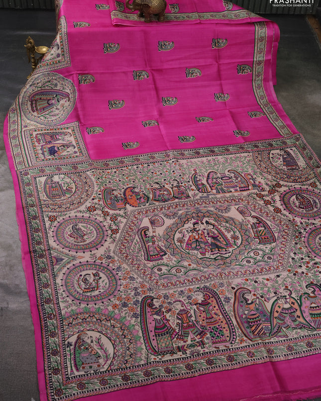 Madhubai printed silk saree pink and cream with butta prints and long madhubani printed border