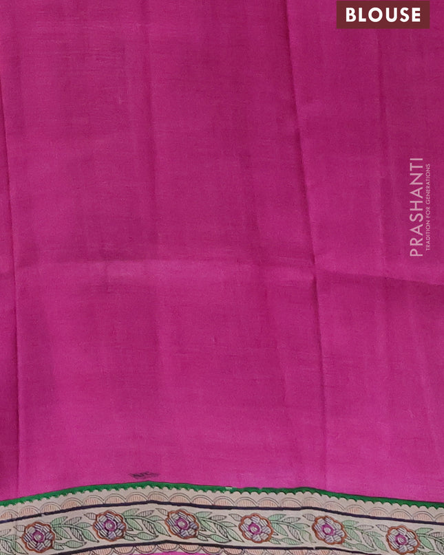 Madhubai printed silk saree pink and cream with butta prints and long madhubani printed border