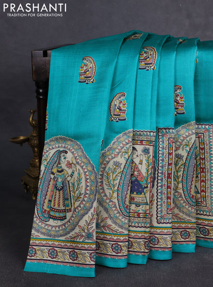 Madhubai printed silk saree teal green and cream with butta prints and long madhubani printed border