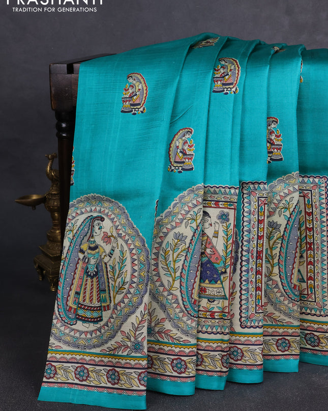 Madhubai printed silk saree teal green and cream with butta prints and long madhubani printed border