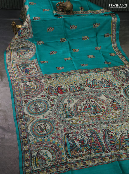 Madhubai printed silk saree teal green and cream with butta prints and long madhubani printed border