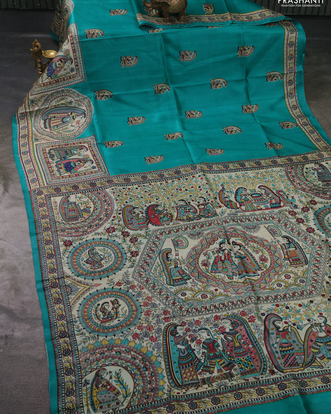 Madhubai printed silk saree teal green and cream with butta prints and long madhubani printed border