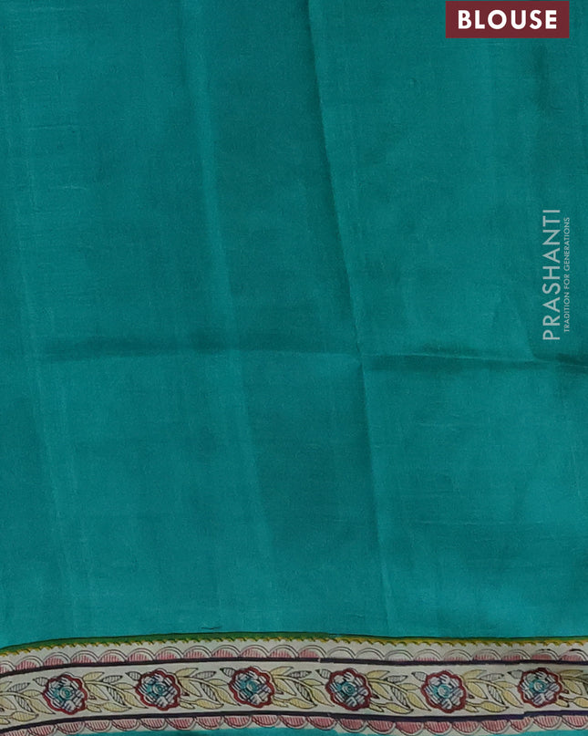 Madhubai printed silk saree teal green and cream with butta prints and long madhubani printed border