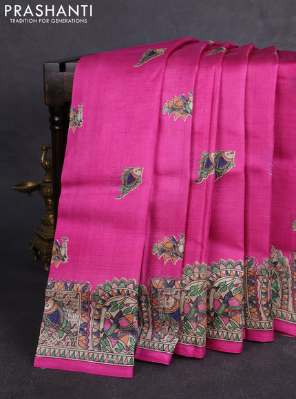 Madhubai printed silk saree pink and cream with butta prints and madhubani printed border