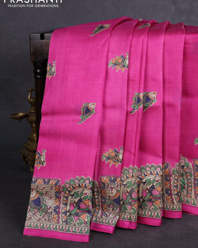 Madhubai printed silk saree pink and cream with butta prints and madhubani printed border