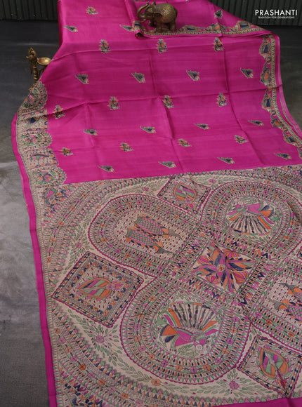 Madhubai printed silk saree pink and cream with butta prints and madhubani printed border