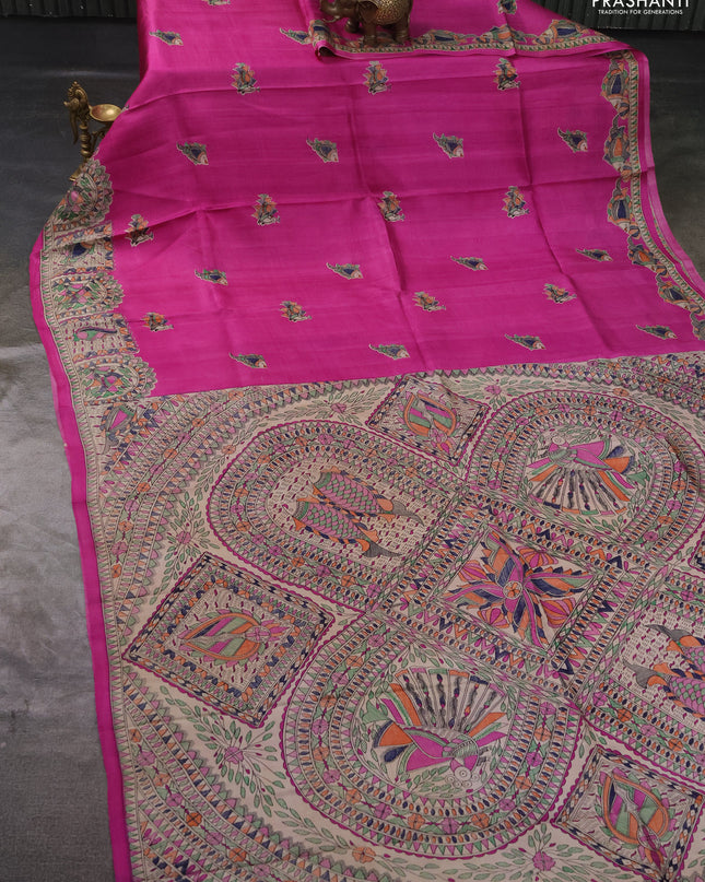 Madhubai printed silk saree pink and cream with butta prints and madhubani printed border