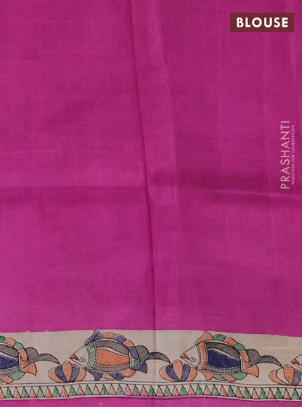 Madhubai printed silk saree pink and cream with butta prints and madhubani printed border