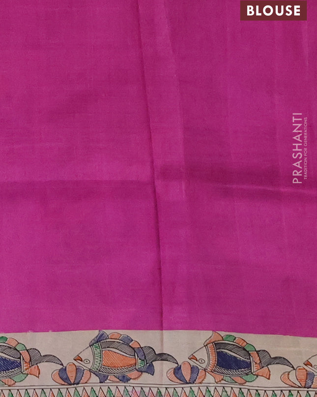 Madhubai printed silk saree pink and cream with butta prints and madhubani printed border