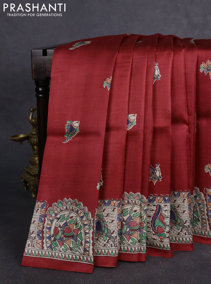 Madhubai printed silk saree red and cream with butta prints and madhubani printed border