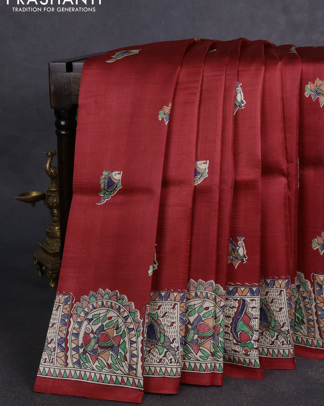 Madhubai printed silk saree red and cream with butta prints and madhubani printed border