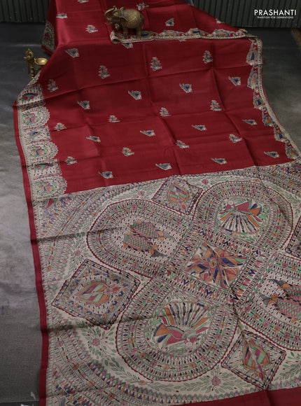 Madhubai printed silk saree red and cream with butta prints and madhubani printed border